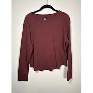 GAP Waffle Knit Thermal Top Small Maroon Burgundy Long Sleeve Cropped Hem Shirt